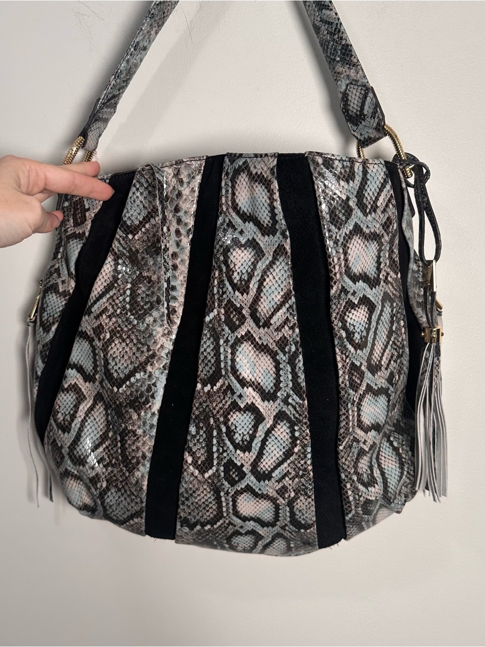 Aimee Kestenberg Snake-Print Shoulder Bag with Black Suede Stripes